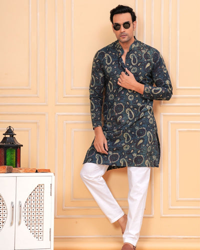 Indiehaat | Ajrakh Printed Cotton Kurta Pyjama Blue