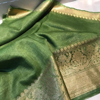 Sparkling Banarasi Silk Linen Green Handloom Saree