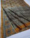 Indiehaat | Chanderi Silk Ajrakh Print Saree Yellow