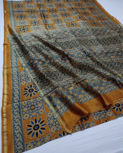 Indiehaat | Chanderi Silk Ajrakh Print Saree Yellow