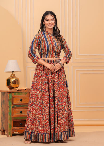 Indiehaat | Blockprinted Red & Beige Lehanga Choli Set