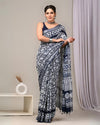 Indiehaat | Linen Saree White And Indigo Color Kalamakari Handblock Printed With Running Blouse