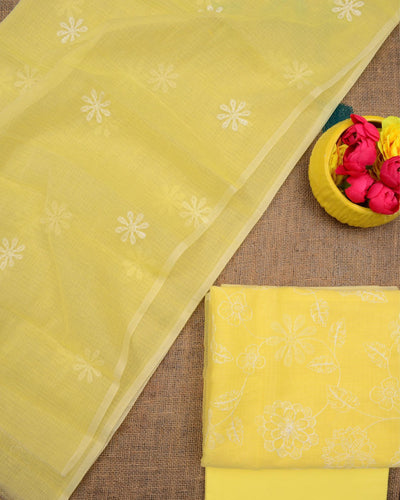 Indiehaat|Kota Doria Embroidered Yellow Suit(Top+Bottom+Dupatta)