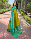 Indiehaat | Soft Silk Floral Border Contrast Zari Woven Mehendi Green Saree