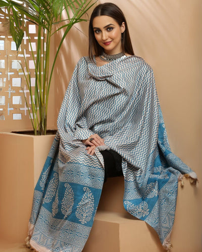 Indiehaat | Katan Silk Blockprint Dupatta Blue