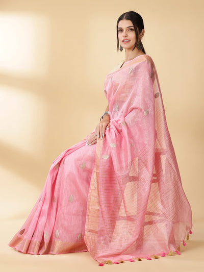 Silk Linen Banarasi Brocade Weaving Handloom Pink Saree With Blouse-Indiehaat