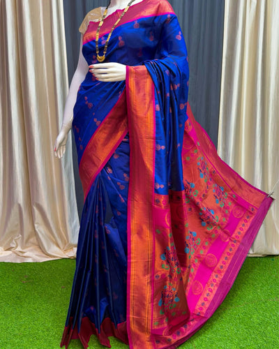Indiehaat | Paithani Silk Meenakari Buti Embroidery Saree Blue
