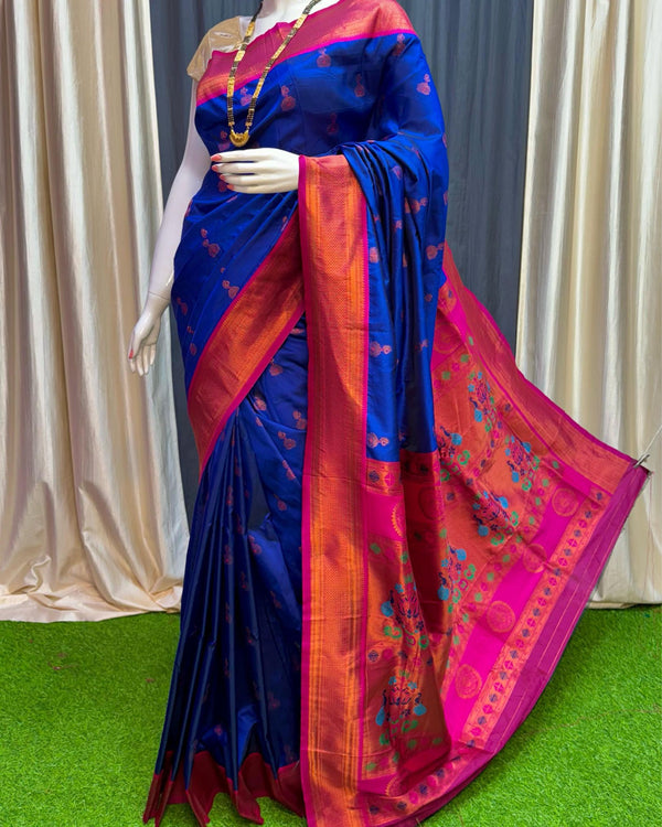 Indiehaat | Paithani Silk Meenakari Buti Embroidery Saree Blue