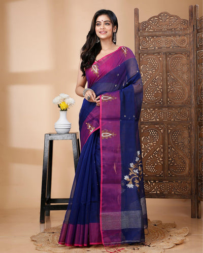 Indiehaat | Cotton Silk Blue Saree Handloom Mina Work