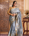 IndieHaat | Banswara Silk Gray Saree Digital Embroidery Lotus Design Running Blouse