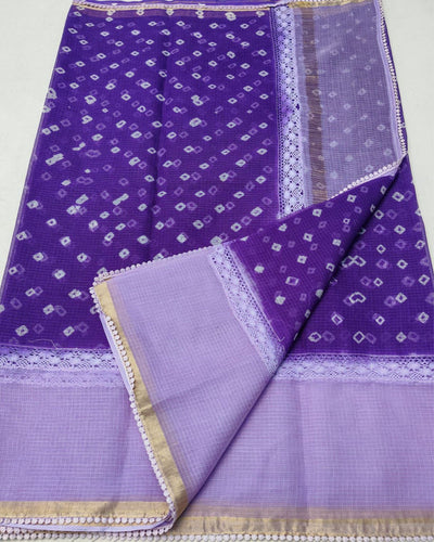 Indiehaat | Kota Cotton Bandhej Casio Lace Work Saree Purple