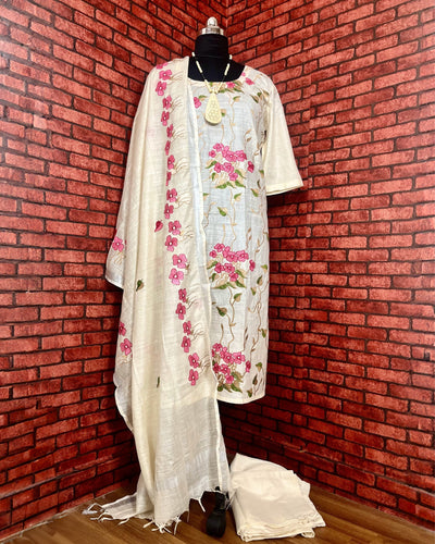 Indiehaat | Embroidered Pure Linen Stitched Off White Suit