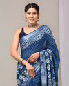 Indiehaat | Linen Saree Indigo Color Kalamakari Handblock Printed With Running Blouse