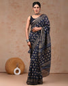 Indiehaat | Maheshwari Silk Saree Dark Blue Color Bagru Handblock Printed with Running Blouse (Silk by Silk)