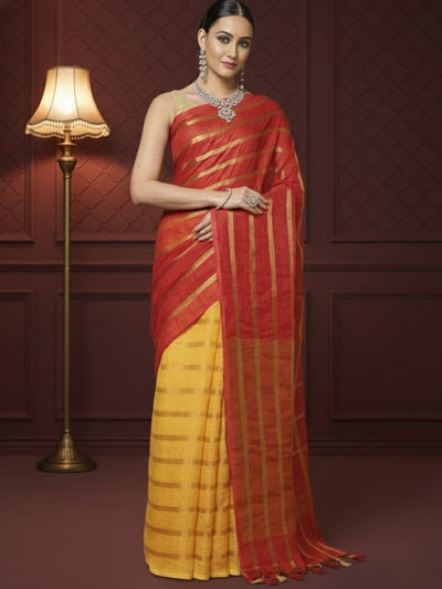 Stunning Pure Linen Striped Red & Yellow Saree