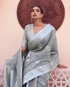 Indiehaat | Silk Linen Banarasi Brocade Gray Saree