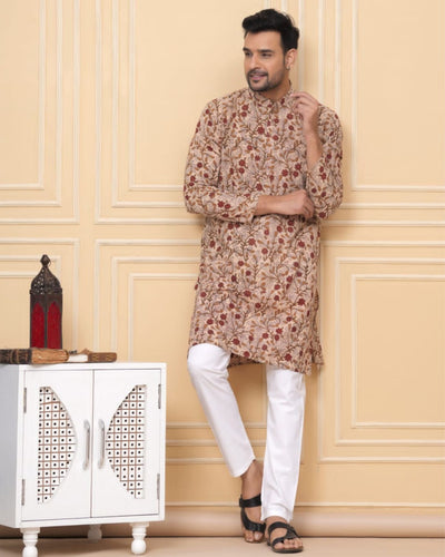 Indiehaat | Royal Reflection BlockPrinted Cotton Kurta Pyjama Calm Beige