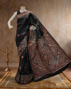 Indiehaat | Madhubani Handpainted Tussar Silk Black Saree