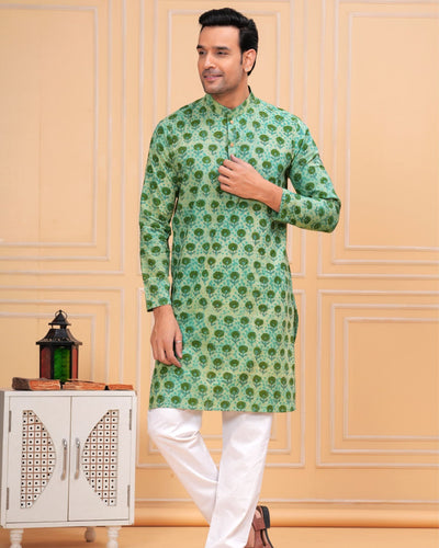 Indiehaat | Ajrakh Printed Cotton Kurta Pyjama Green