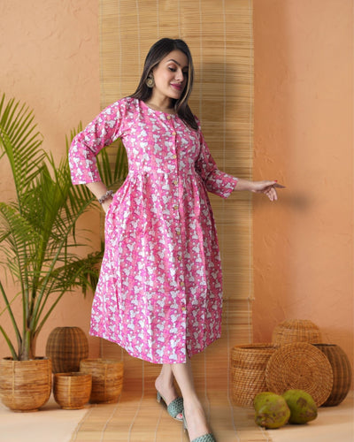 Indiehaat | Blockprinted Cotton Long Dress Pink