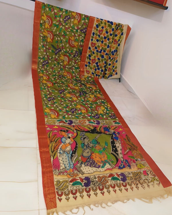 Indiehaat | Mangalagiri Handpainted Silk Saree Green