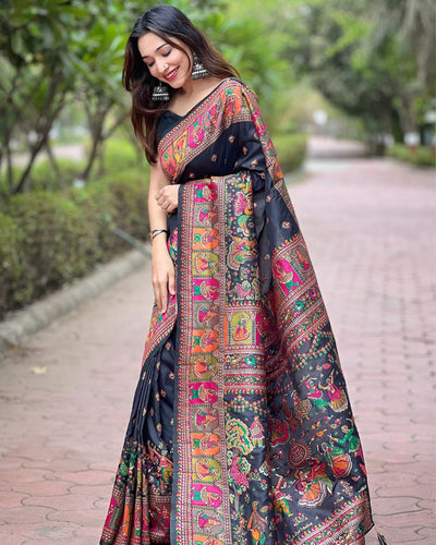 Indiehaat | Pashmina Silk Meenakari Weaving Black Saree