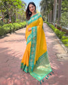 Indiehaat | Soft Silk Floral Border Contrast Zari Woven Yellow Saree