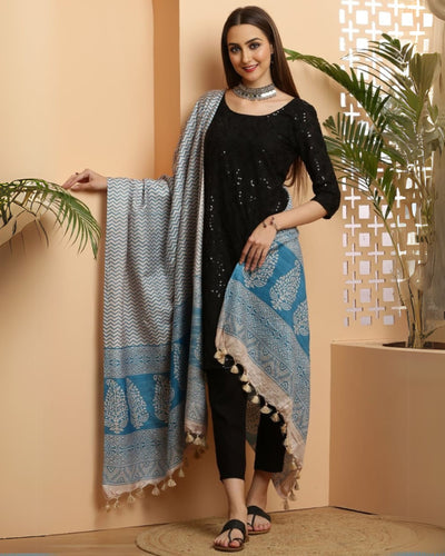 Indiehaat | Katan Silk Blockprint Dupatta Blue