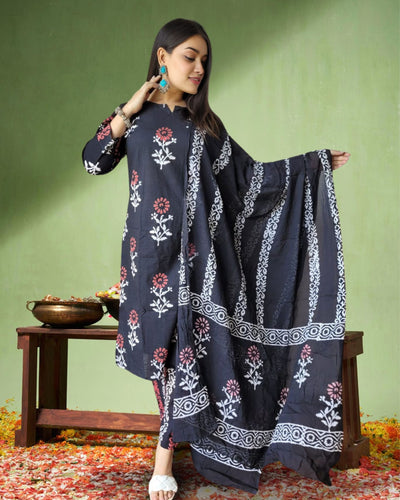 Indiehaat | Blockprinted Cotton Suit Set Black