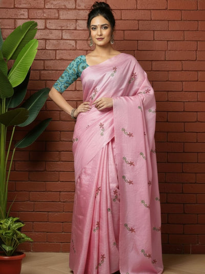 Silkmark Certified Pure Tussar Classy Embroidered Pink Saree