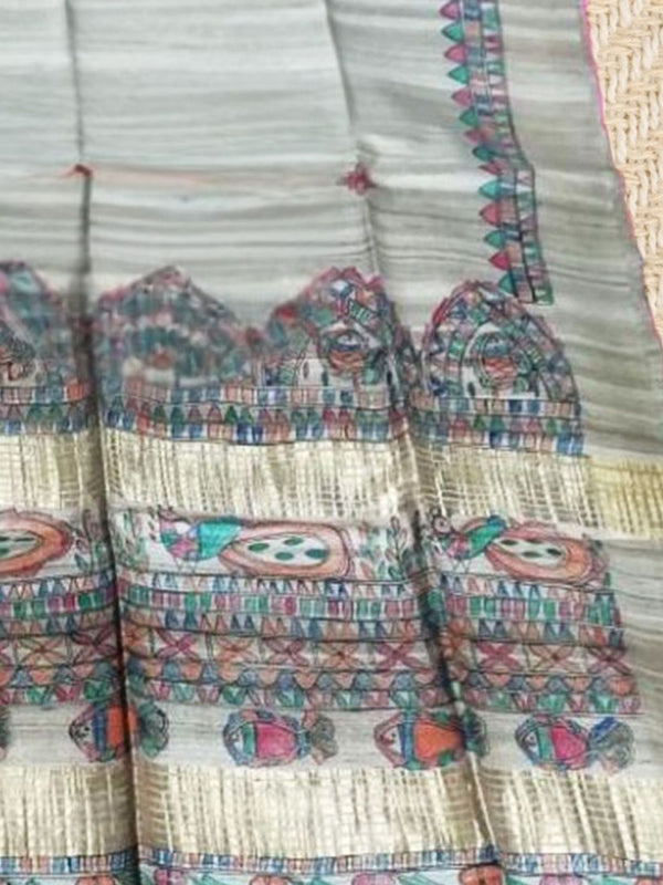 Silkmark Tussar Glossy Madhubani Handpainted Biege Saree