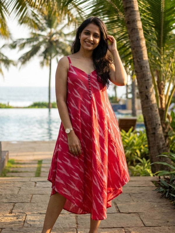 Fiery Pure Cotton Red Ikkat Dress