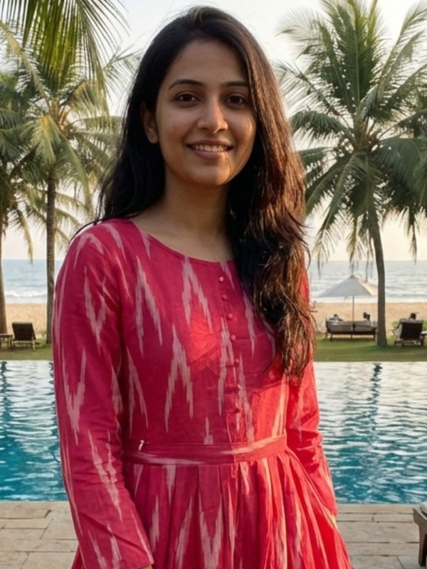 Crimson Pure Cotton Red Ikkat Dress