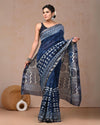 Indiehaat | Maheshwari Silk Saree Indigo Color Bagru Handblock Printed with Running Blouse (Silk by Silk)