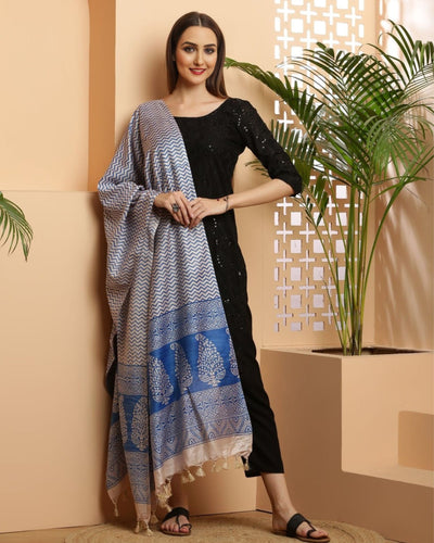 Indiehaat | Katan Silk Blockprint Dupatta Blue