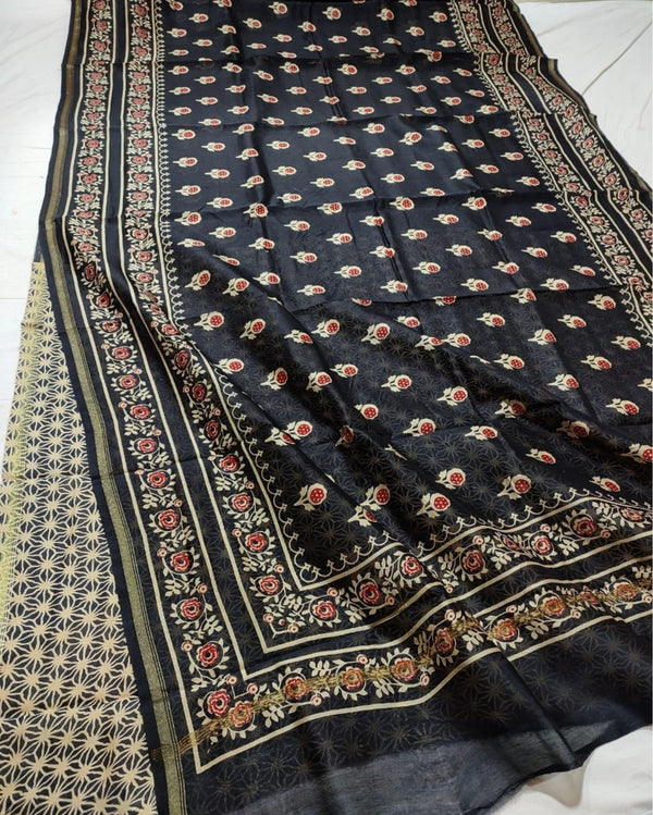 Indiehaat | Chanderi Silk Ajrakh Print Saree Black