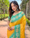 Indiehaat | Soft Silk Floral Border Contrast Zari Woven Yellow Saree