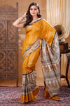 Silkmark Tussar Poetic Blockprint Yellow & Gray Saree