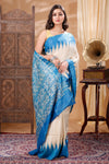 Silkmark Tussar Precious Blockprint Beige & Blue Saree