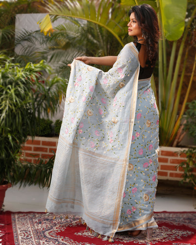 Lucid Silk Linen Embroidered Ash Gray Saree