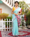 Oceanic Pure Linen Floral Embroidered Blue Saree