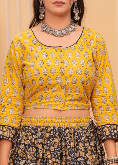 Indiehaat | Blockprinted Black & Yellow Lehanga Choli Set