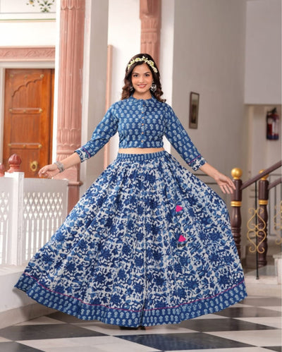 Indiehaat | Festive Fusion Lehanga Choli Set Bold Indigo BlockPrinted