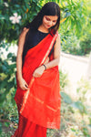 Kota Doria Pure Silk Red Saree Hand Dyed with Blouse-Indiehaat