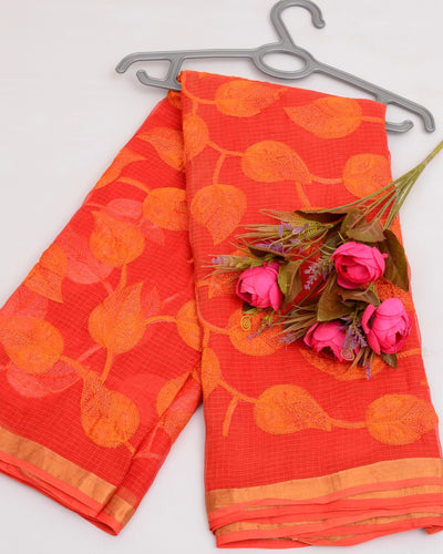 Indiehaat | Pure Cotton Kota Doria Orange Embroidery Saree