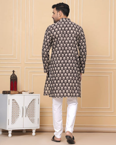 Indiehaat | Royal Reflection BlockPrinted Cotton Kurta Pyjama Intense Black