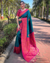 Indiehaat | Soft Silk Contrast Zari Woven Green & Pink Saree