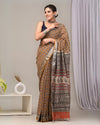 Indiehaat | Linen Saree Brown Color Kalamakari Handblock Printed With Running Blouse