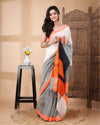 Indiehaat | Mulmul Cotton Off White Saree Contrast Pallu