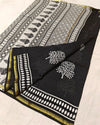 Indiehaat | Blockprint Chanderi Silk Saree in Black & White | Elegant Monochrome Saree